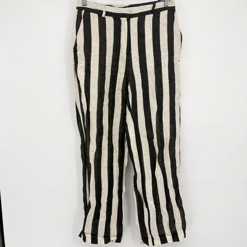 Zara Womens Black Cream Striped 100% Linen Coastal Straight Leg Pants Size M